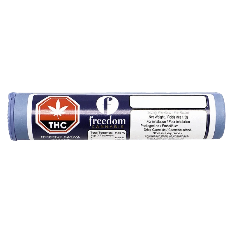 Front view of the Freedom Reserve Pre Rolled 3 x 0.5 g packaging, featuring a silver and black label on a dark background.