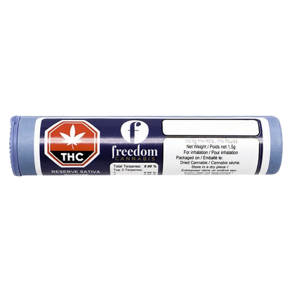 Front view of the Freedom Reserve Pre Rolled 3 x 0.5 g packaging, featuring a silver and black label on a dark background.