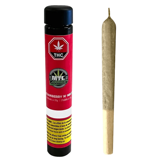 Front view of the Strawberry N' Mintz Pre Rolled 3 x 0.5 g pre-roll pack against a black backdrop, displaying bold branding details.