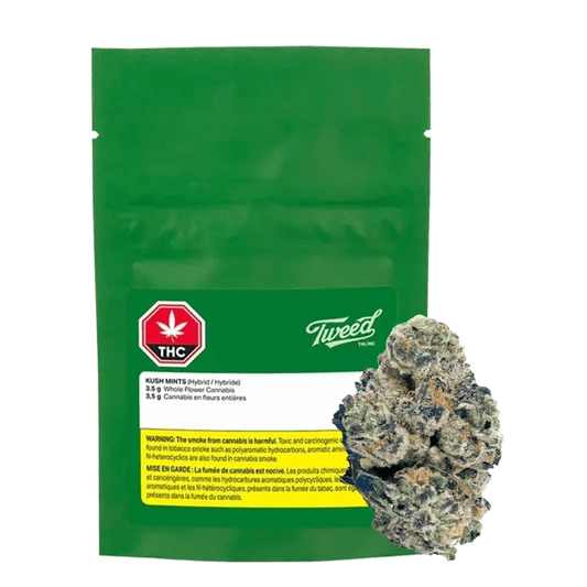A close-up of the Tweed Kush Mints package, displaying the brand logo and product name on a dark background.