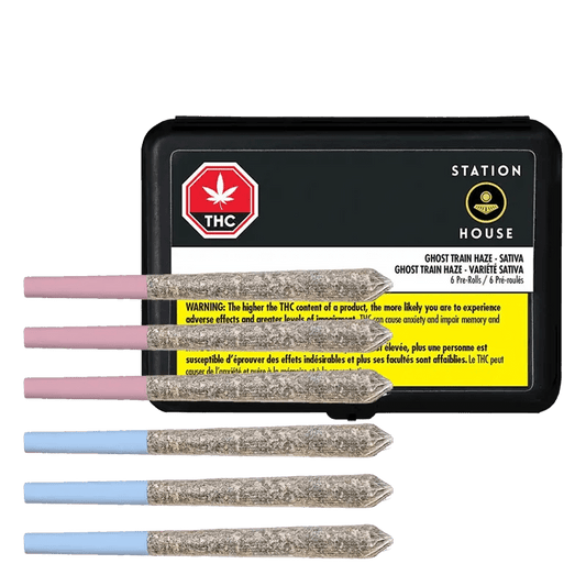 Variety Pre Rolled 6 x 0.5 g package angled slightly, displaying text and a THC logo against a neutral, off-white background.