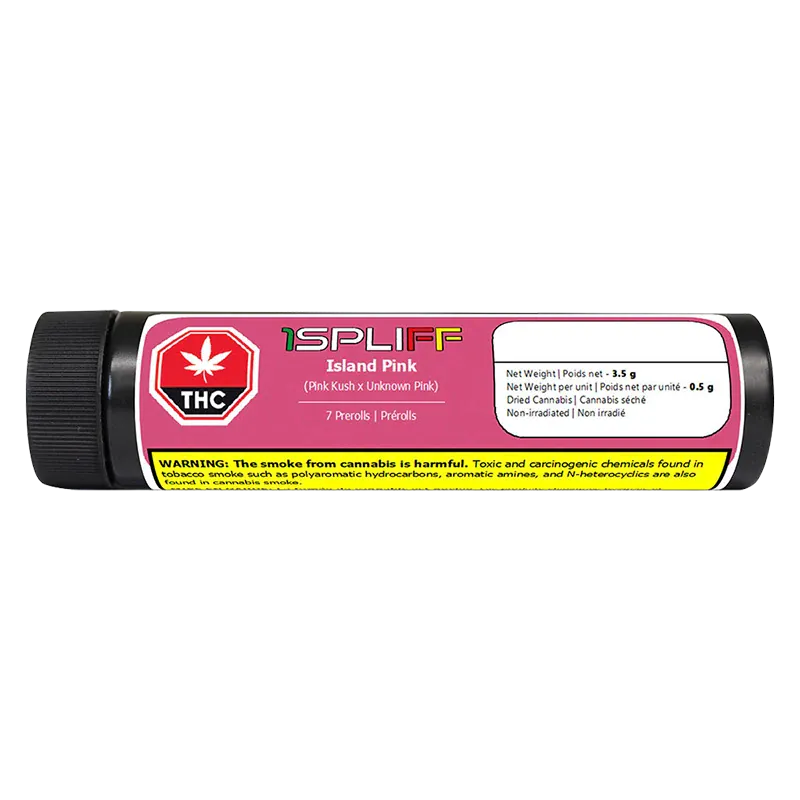 Horizontal frontal view of the 1SPLIFF Island Pink PR 7 x 0.5 g tube with a pink label, THC symbol, and yellow warning band.