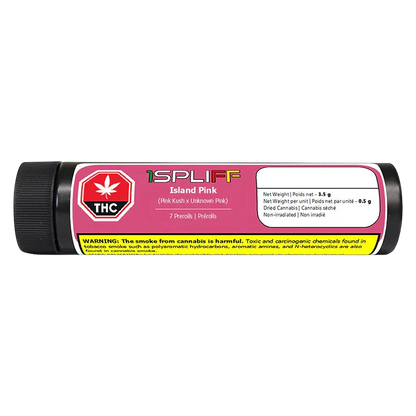 Horizontal frontal view of the 1SPLIFF Island Pink PR 7 x 0.5 g tube with a pink label, THC symbol, and yellow warning band.