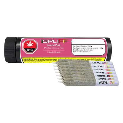 Front-facing shot of a black tube labeled 1SPLIFF Island Pink PR 7 x 0.5 g with seven pre-rolls fanned in front on a white background.