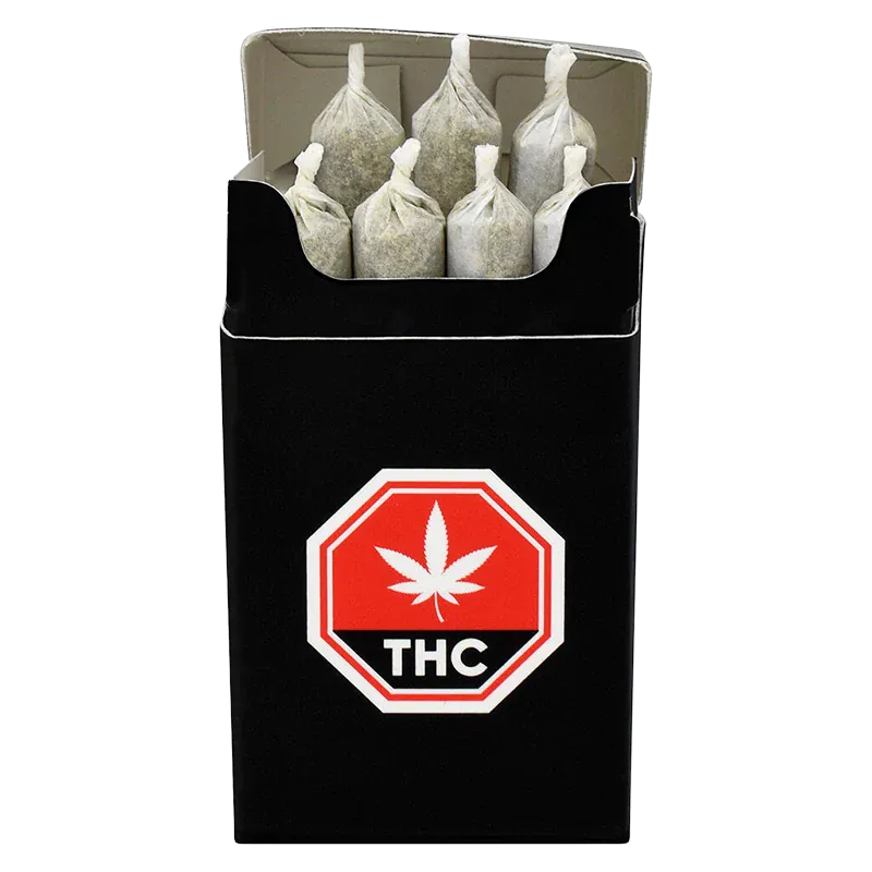 Top-down view of an open pack of Island Pink PR 7 x 0.5 g showing seven pre-rolled cones standing upright against a black pack with a red THC stop-sign logo.