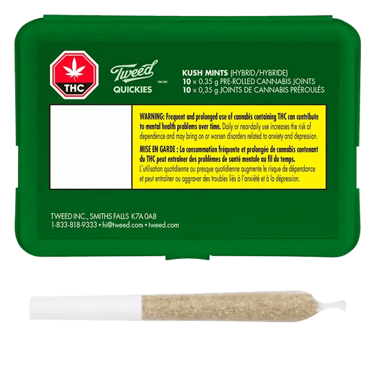 Close-up of a Tweed Quickies Kush Mints Joint Pre Rolled 10 x 0.35 g package against a dark background with prominent warning text.