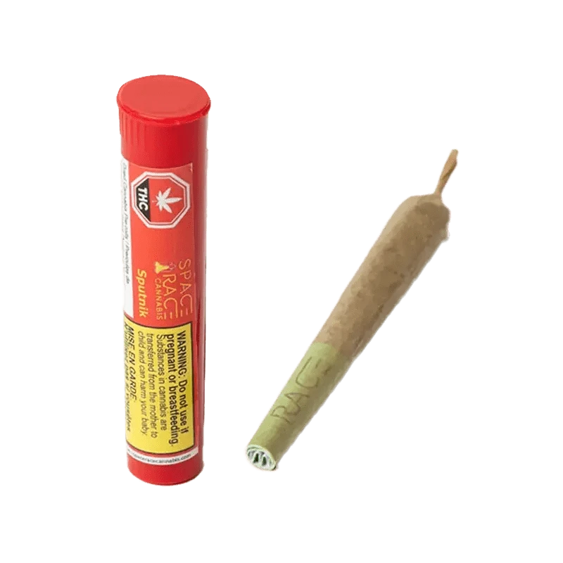 Close-up of the Sputnik Pre Rolled 1 x 0.4 g pre-roll against a dark background, emphasizing its paper wrap and branding.