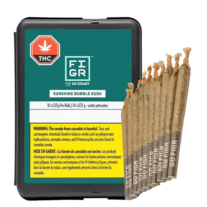 Close-up of the Go Steady Sunshine Bubble Kush Pre Rolled packaging, with a vibrant, textured background and THC logo.