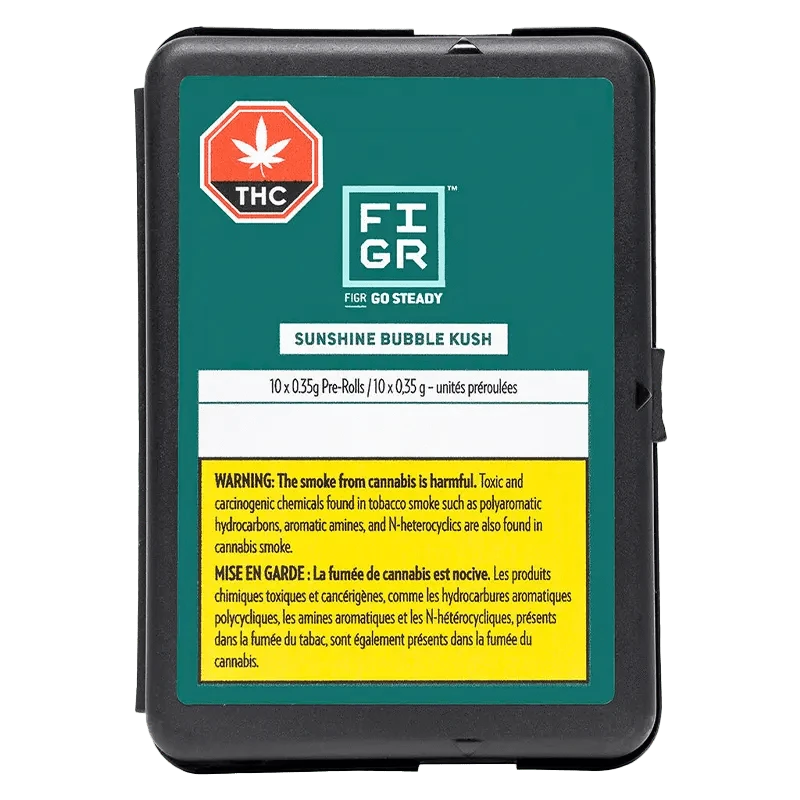 Go Steady Sunshine Bubble Kush Pre Rolled 10 x 0.35 g, a close-up of a package with bold text and a THC warning label.