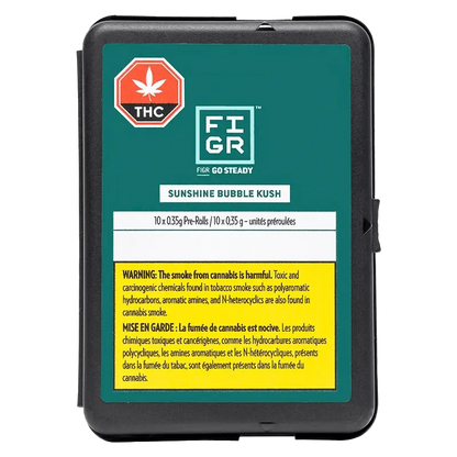 Go Steady Sunshine Bubble Kush Pre Rolled 10 x 0.35 g, a close-up of a package with bold text and a THC warning label.