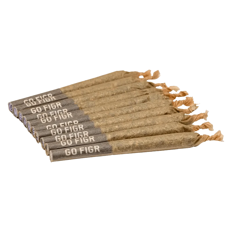 A close-up shot of the Go Steady Sunshine Bubble Kush Pre Rolled 10 x 0.35 g pre-rolls, arranged in a fan-like display on a plain background.