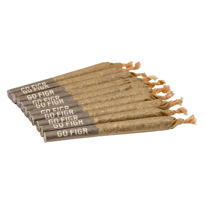 A close-up shot of the Go Steady Sunshine Bubble Kush Pre Rolled 10 x 0.35 g pre-rolls, arranged in a fan-like display on a plain background.