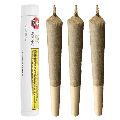 Close-up of the Sativa 20% Plus Pre Rolled 3 x 1 g packaging, displaying bold text on a white background.