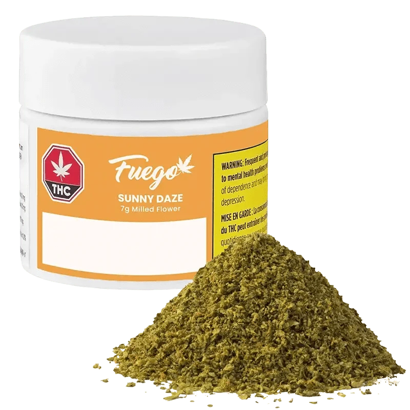 Close-up of the Sunny Daze packaging, featuring a red and white label against a black background.