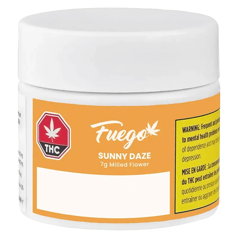 Close-up of the Sunny Daze packaging, displaying bold typography and a red THC icon against a white background.