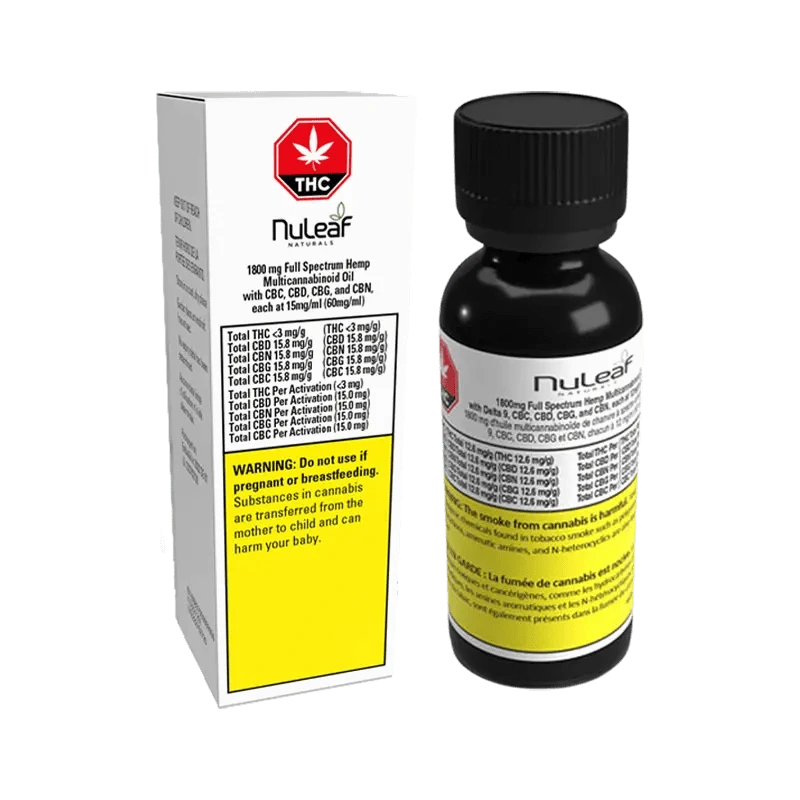 Close-up of the Balanced FSO vial with a white label listing THC and cannabinoid percentages against a blurred background.