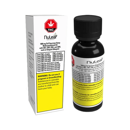 Close-up of the Balanced FSO vial with a white label listing THC and cannabinoid percentages against a blurred background.