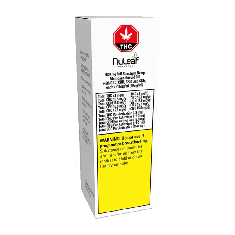 Front view of the Balanced FSO package displaying text about mg/ml and THC content in a white and green design.