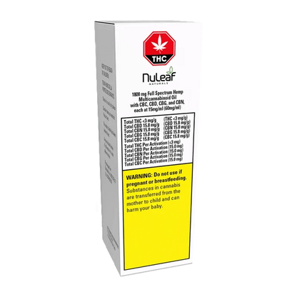 Front view of the Balanced FSO package displaying text about mg/ml and THC content in a white and green design.