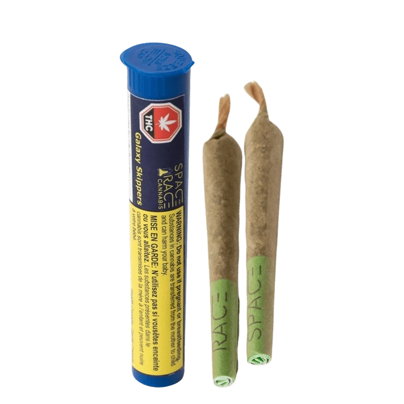 A close-up shows the packaging for Galaxy Skippers Pre Rolled 2 x 0.4 g, with a warning label visible against a dark background.