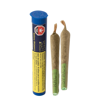 A close-up shows the packaging for Galaxy Skippers Pre Rolled 2 x 0.4 g, with a warning label visible against a dark background.