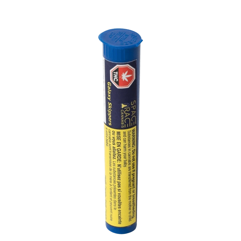 Front view of the Galaxy Skippers Pre Rolled 2 x 0.4 g packaging with bold text on a dark background.