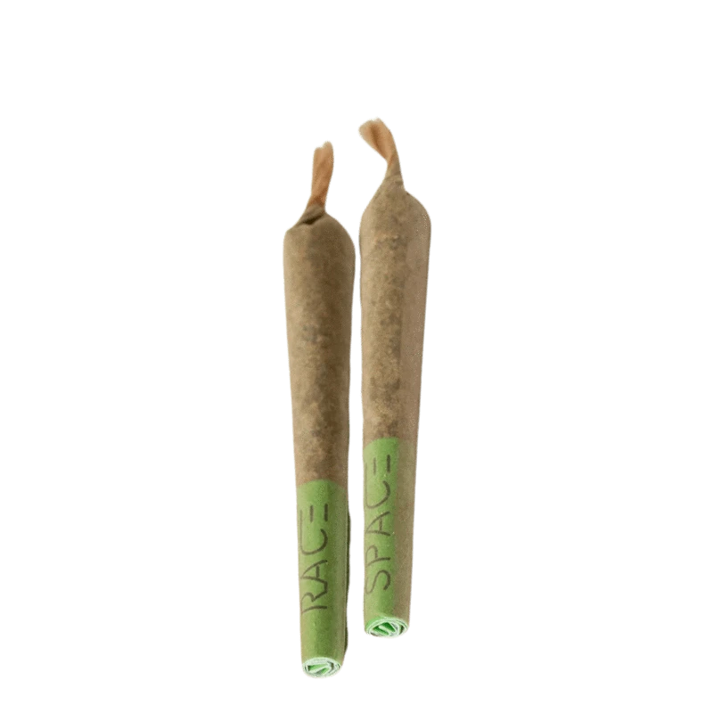 A close-up shot of two Galaxy Skippers Pre Rolled 0.4 g joints, angled slightly against a plain white background.