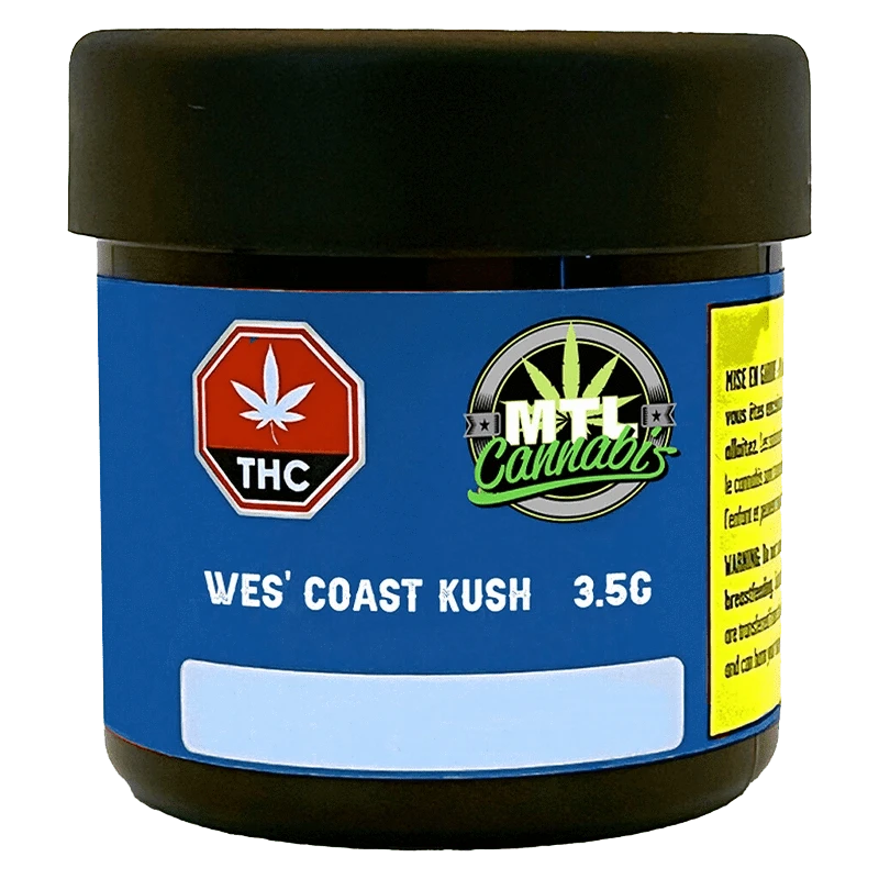 Front view of the Wes' Coast Kush product packaging with a blue and white design and cannabis leaf logo.