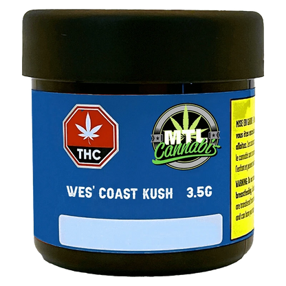 Front view of the Wes' Coast Kush product packaging with a blue and white design and cannabis leaf logo.