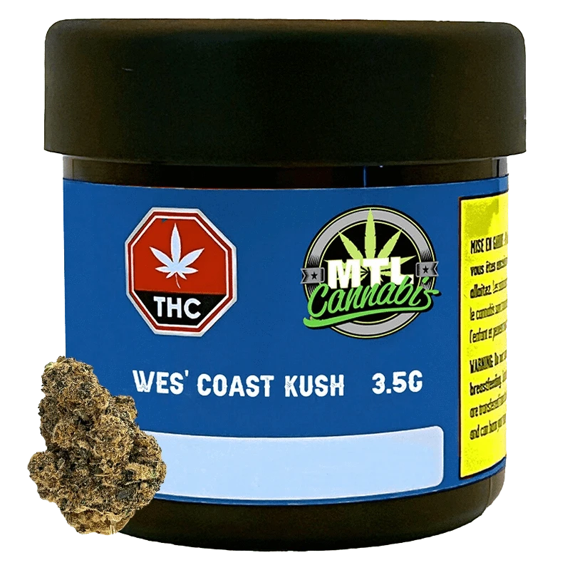 Front view of the Wes' Coast Kush container, with a bold graphic design on a dark background.