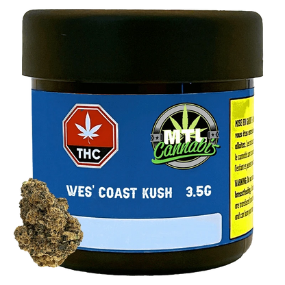 Front view of the Wes' Coast Kush container, with a bold graphic design on a dark background.