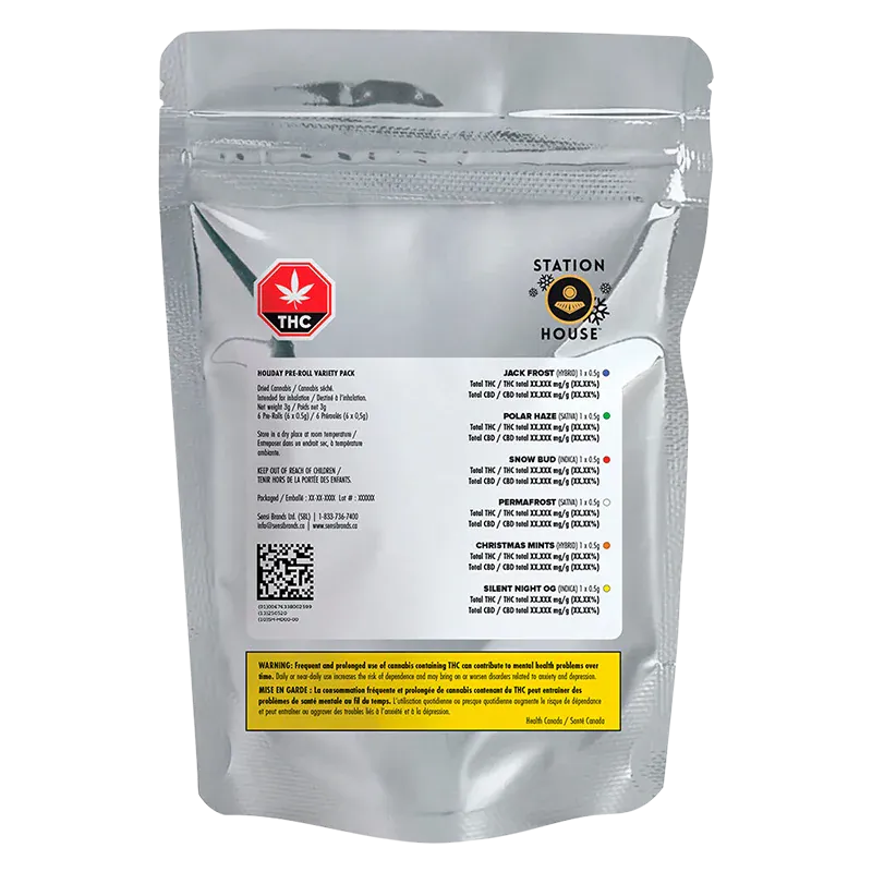 Rear view of the resealable pouch packaging labeled "Holiday Variety Pack PR 6 x 0.5 g" with a silver reflective background and visible THC and Station House logos.