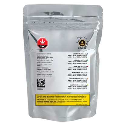 Rear view of the resealable pouch packaging labeled "Holiday Variety Pack PR 6 x 0.5 g" with a silver reflective background and visible THC and Station House logos.