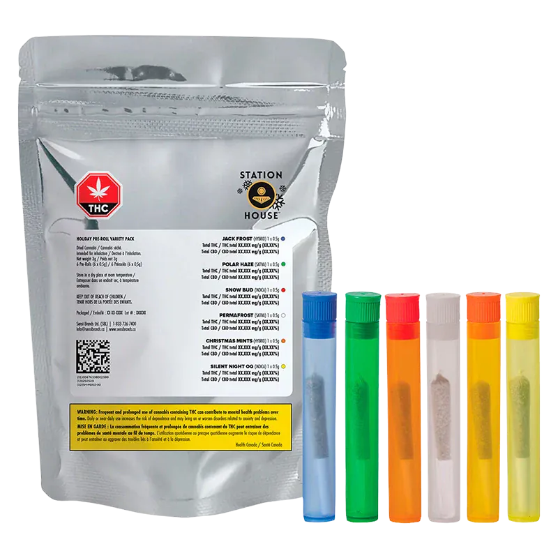 Front view of a silver pouch and six colorful pre-roll tubes displayed upright, labeled Holiday Variety Pack PR 6 x 0.5 g.