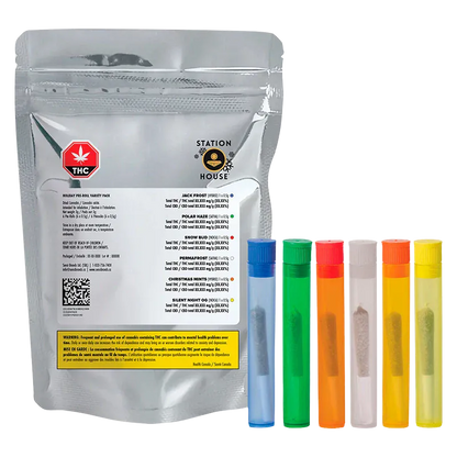 Front view of a silver pouch and six colorful pre-roll tubes displayed upright, labeled Holiday Variety Pack PR 6 x 0.5 g.
