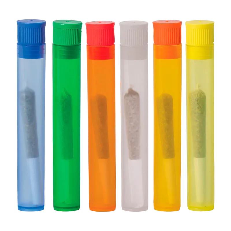 Row of six translucent plastic tubes in blue, green, orange, clear, amber, and yellow holding pre-rolled cones, Holiday Variety Pack PR 6 x 0.5 g