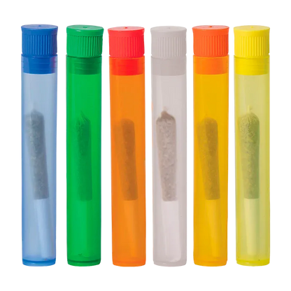 Row of six translucent plastic tubes in blue, green, orange, clear, amber, and yellow holding pre-rolled cones, Holiday Variety Pack PR 6 x 0.5 g