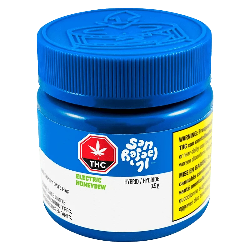 Front view of the Electric Honeydew package, displaying branding and warnings in a vertical composition.