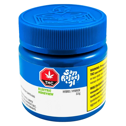 Front view of the Electric Honeydew package, displaying branding and warnings in a vertical composition.