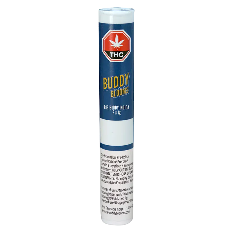 Tall front-facing image of the Big Buddy PR 2 x 1 g tube with blue label, white cap, and THC emblem near the top