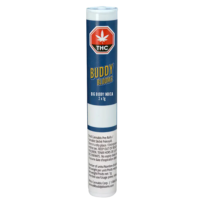 Tall front-facing image of the Big Buddy PR 2 x 1 g tube with blue label, white cap, and THC emblem near the top