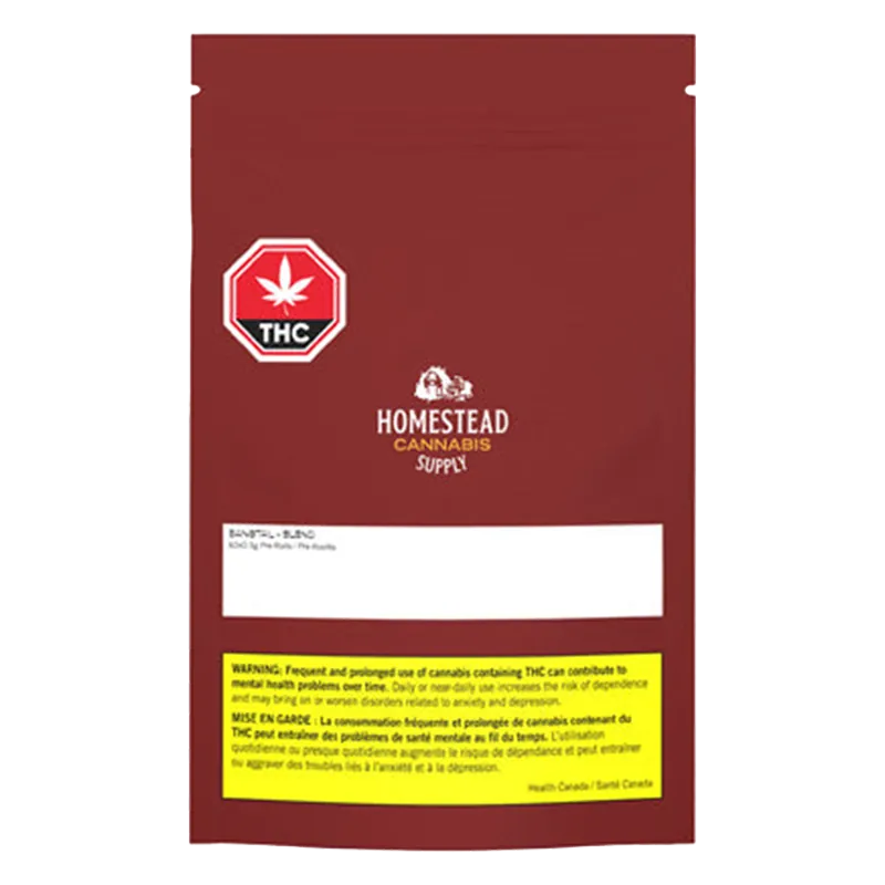 Front-facing shot of a maroon pouch labeled Homestead Cannabis Supply Bangtail PR 60 x 0.5 g with a white label area, THC symbol, and yellow warning box.