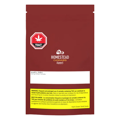 Front-facing shot of a maroon pouch labeled Homestead Cannabis Supply Bangtail PR 60 x 0.5 g with a white label area, THC symbol, and yellow warning box.