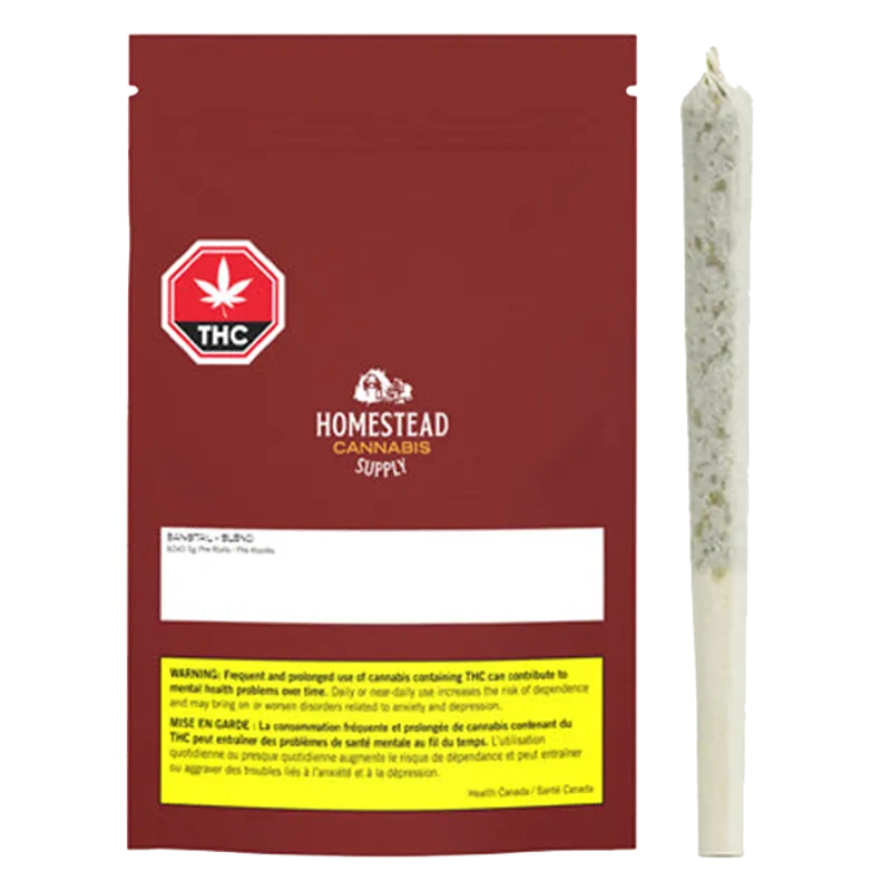 Front view of a red Homestead Cannabis Supply Bangtail PR 60 x 0.5 g pouch standing next to a rolled joint on a white background.
