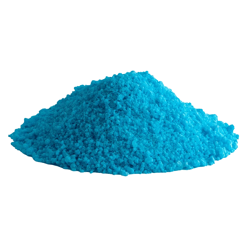 Low-angle view of a bright blue crystalline pile of Blueberry Sunset CBD Salt Soak against a plain white background