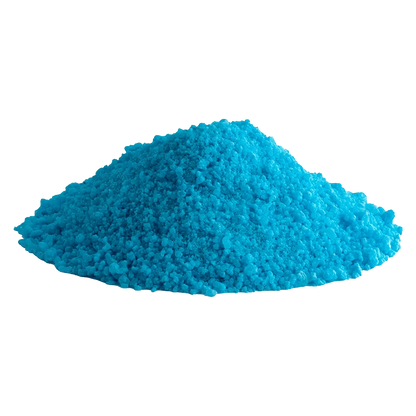 Low-angle view of a bright blue crystalline pile of Blueberry Sunset CBD Salt Soak against a plain white background