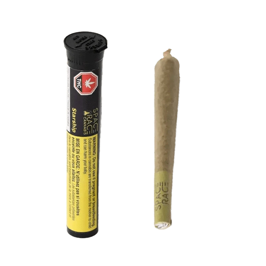 Close-up of the Starship Pre Rolled 1 x 1 g package with warning labels, displayed against a dark background.