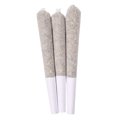 A close-up, angled view of three Flawless Victory Pre Rolled 0.5 g pre-rolls, showcasing their cylindrical shape and white filters.