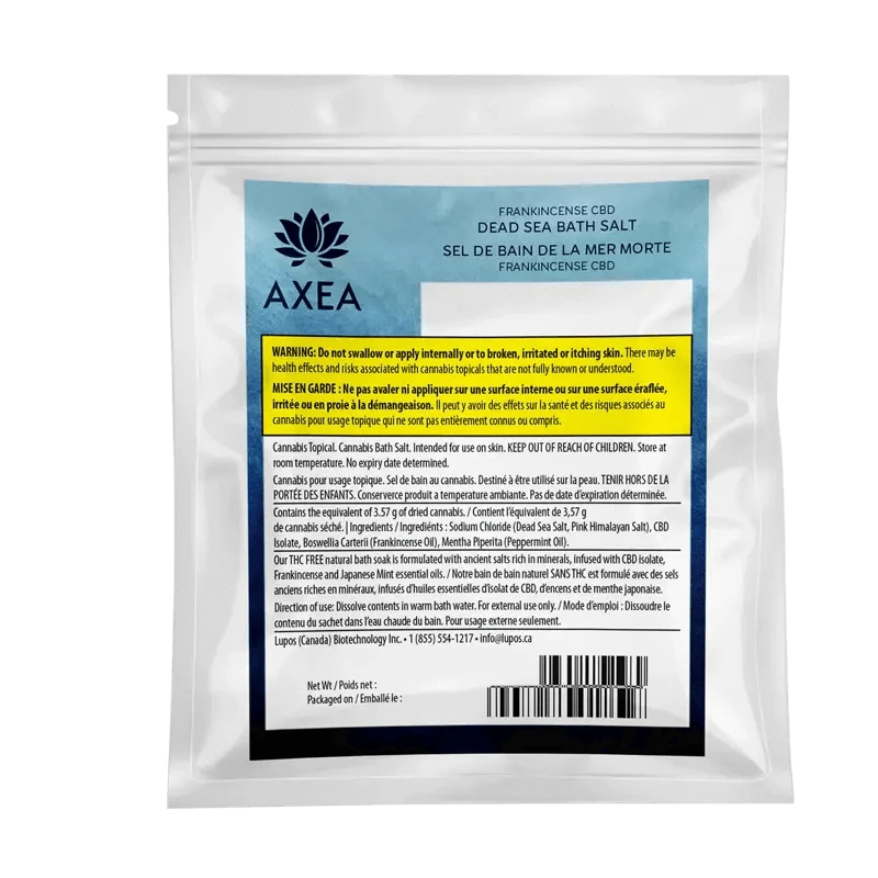 Front view of Frankinsence Dead Sea Pink Himalayan Bath Salt packaging with French warnings, featuring a dark background and light text.
