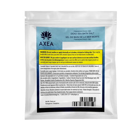 Front view of Frankinsence Dead Sea Pink Himalayan Bath Salt packaging with French warnings, featuring a dark background and light text.
